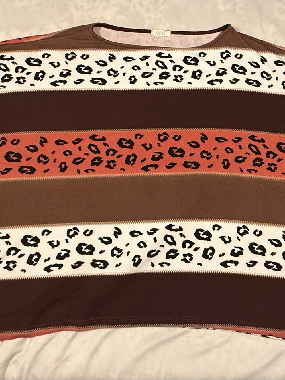Oddy Striped Leopard Print Knit Top - Brown, Cream & Rust One‎ Size Poncho Top